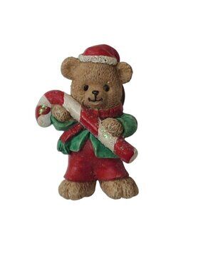 Vintage Christmas Teddy Bear Pin Candy Cane Santa Hat Holiday Brooch